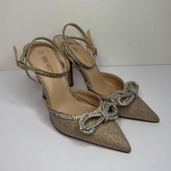 Dream Pairs Shoes - Dream Pairs Destiny Gold Glitter Stiletto Pumps Rhinestone Strap Womens